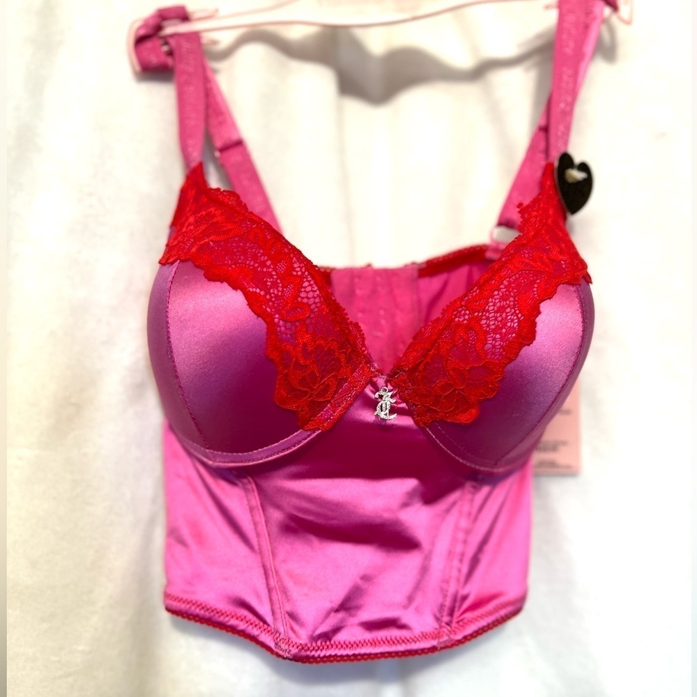 🩷❤️Juicy Couture 34B Bra Corset Push Up Hot Pink Red Satin Lace Underwire-NWT🩷❤️ - Picture 3 of 10